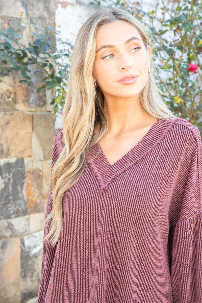 Kayley Two Tone Ribbed Top, Wine