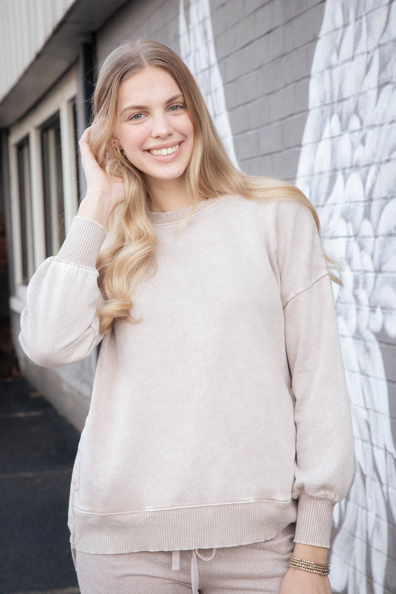 Lia Acid Washed Fleece Pullover, Ash Mocha