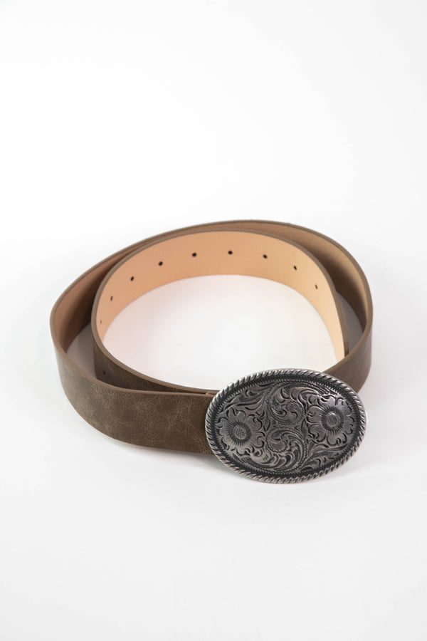 Aly Flower Embossed Buckle Belt, Mocha