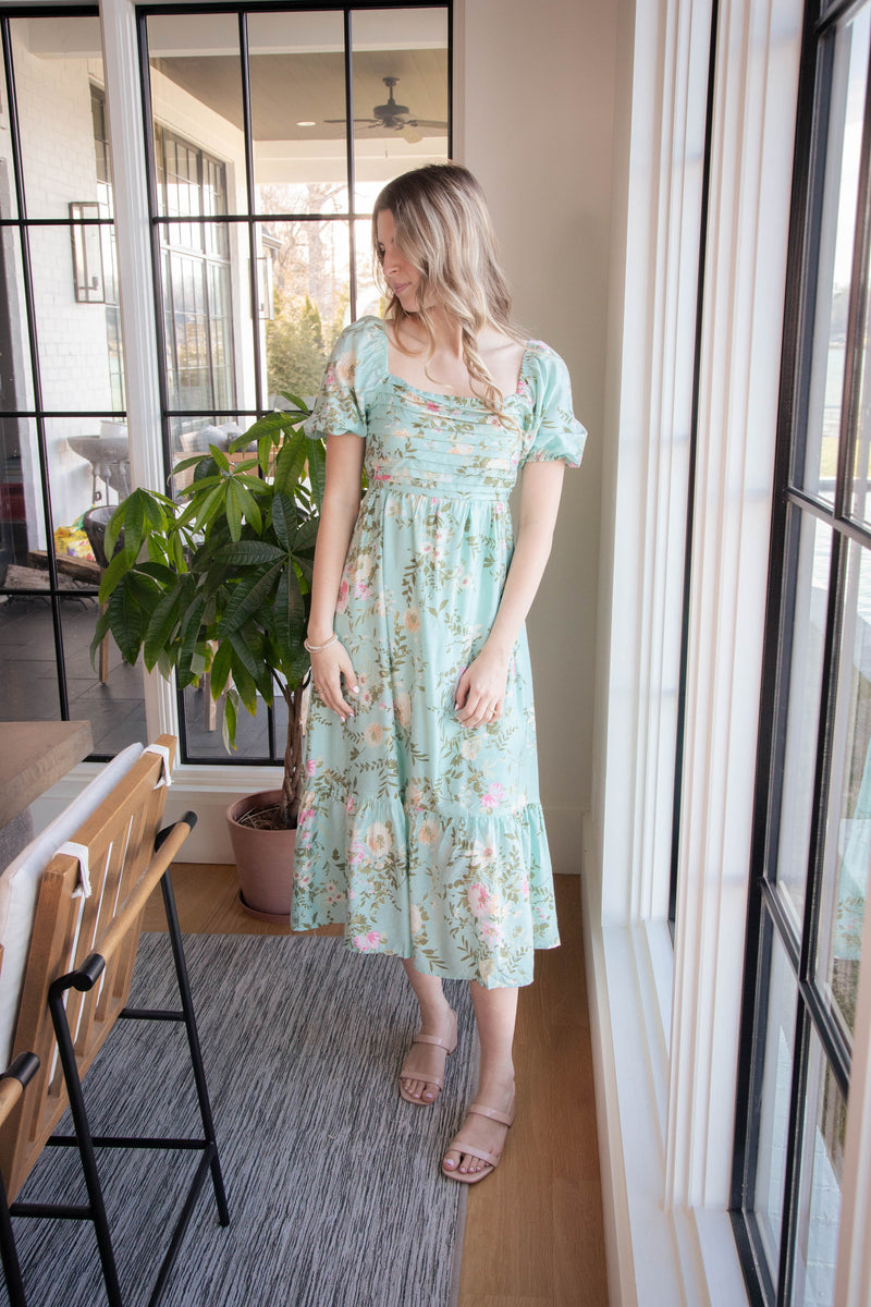 Ashlynn Pleated Floral Dress, Mint Multi