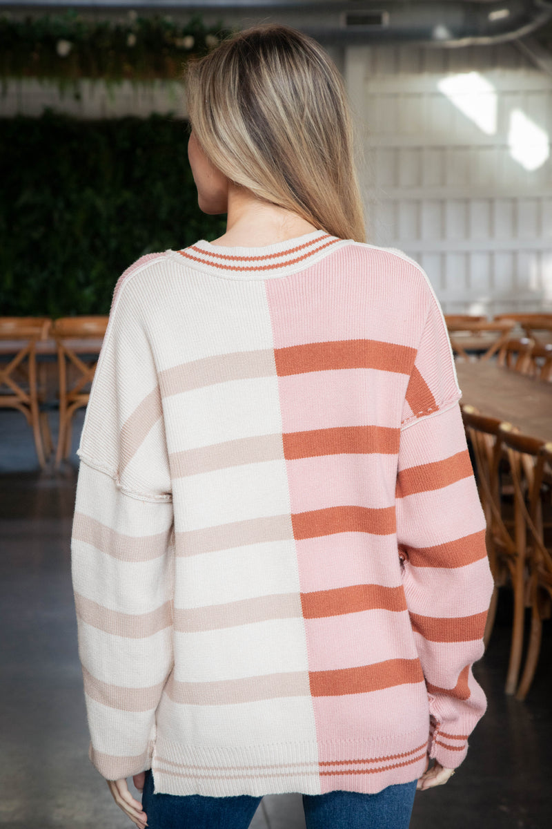 Laken Colorblocked Striped Sweater, Ecru