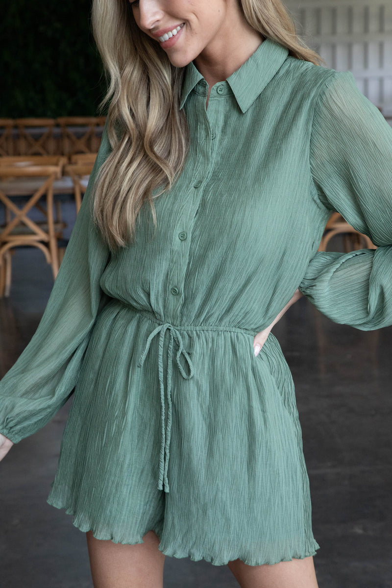 Gathering Button Up Romper, Dark Sage | Sadie & Sage