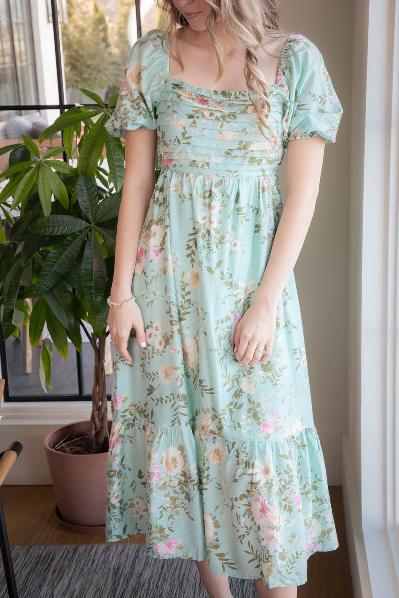 Ashlynn Pleated Floral Dress, Mint Multi