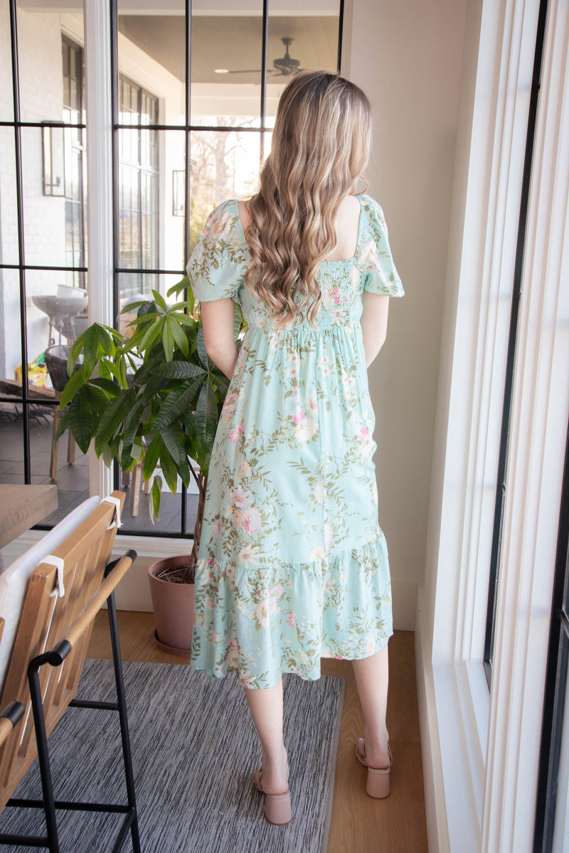 Ashlynn Pleated Floral Dress, Mint Multi