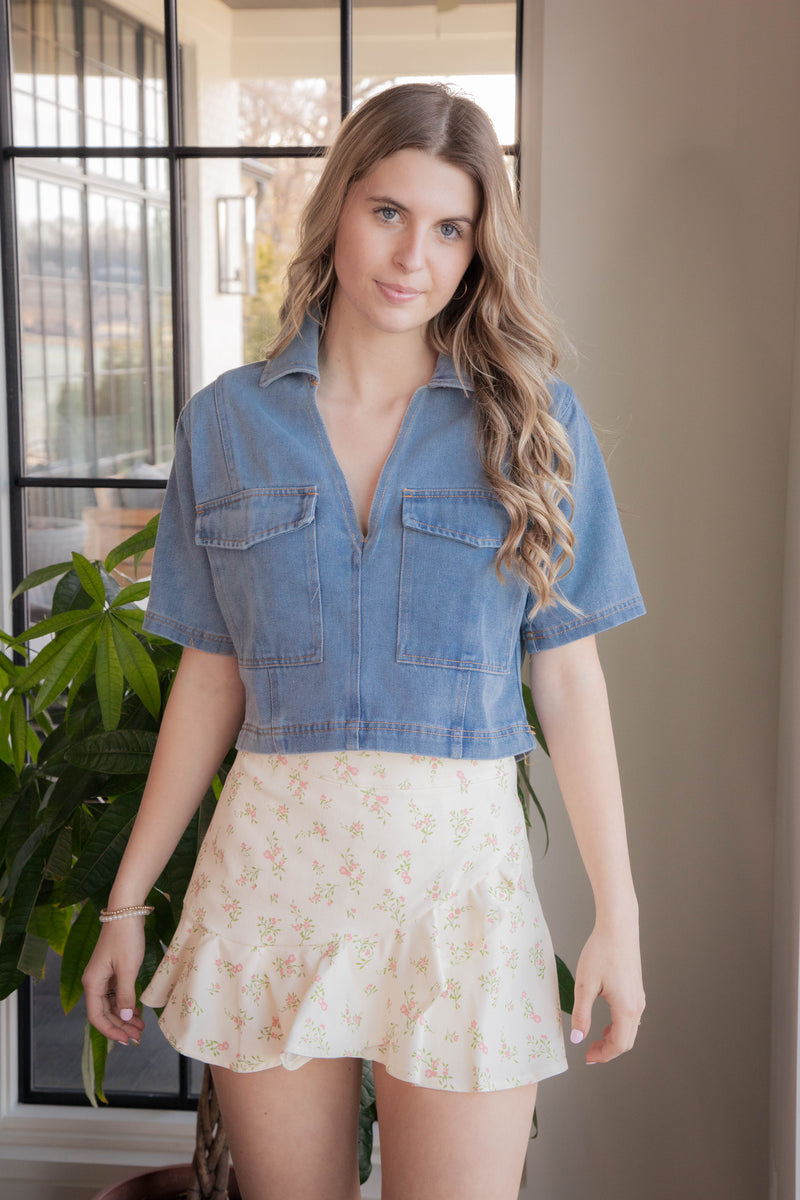 Oriana Cropped Collared Top, Denim