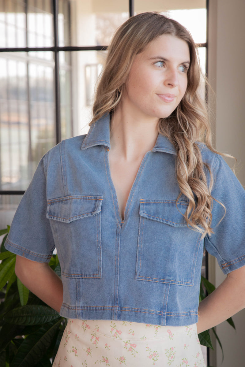 Oriana Cropped Collared Top, Denim