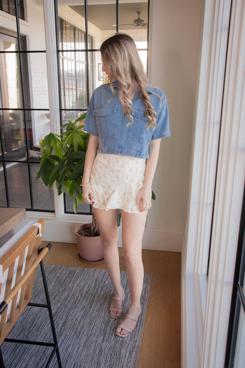 Oriana Cropped Collared Top, Denim