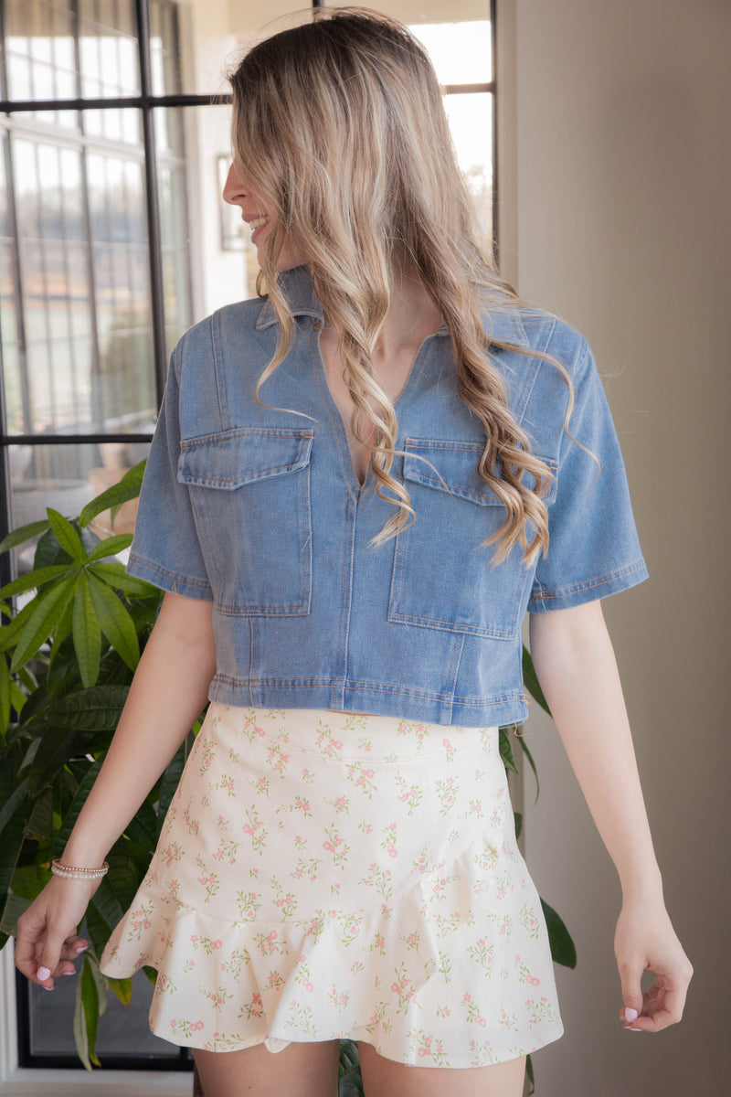 Oriana Cropped Collared Top, Denim