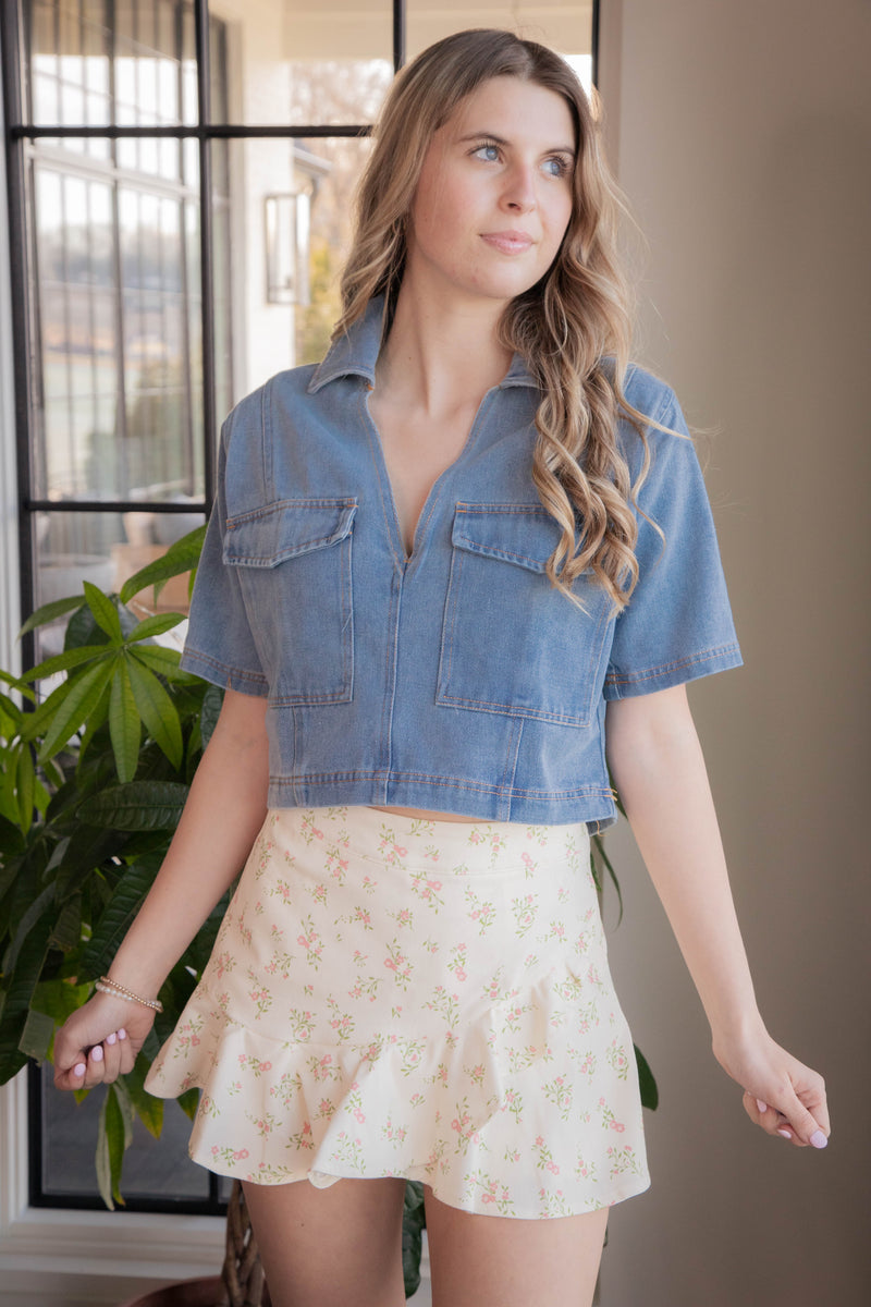 Oriana Cropped Collared Top, Denim