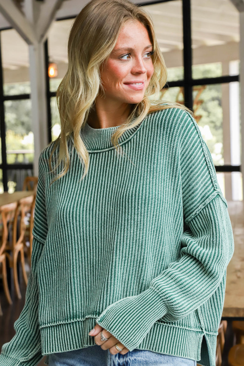 Marie Washed Crop Sweater, Dark Green