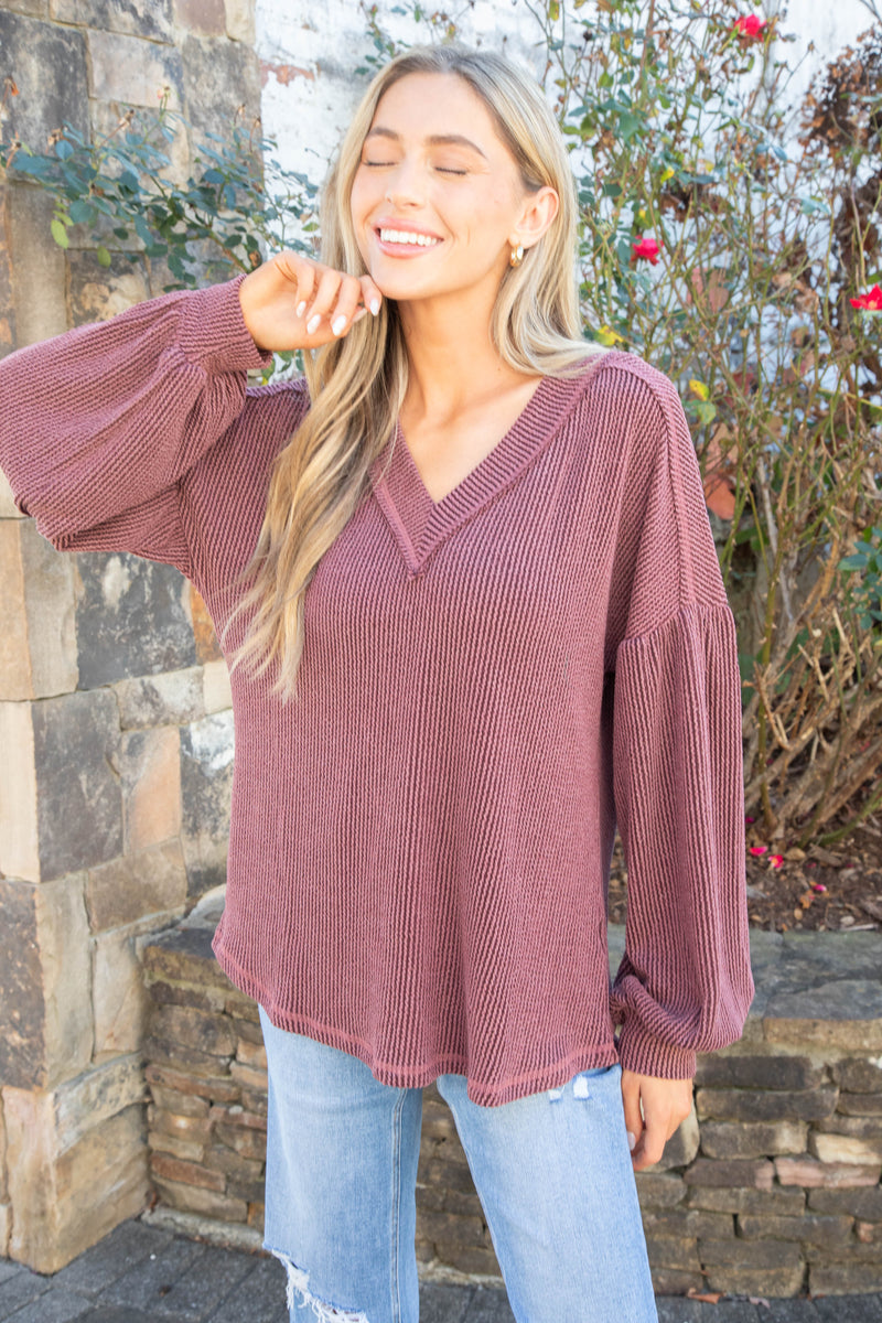 Kayley Two Tone Ribbed Top, Wine