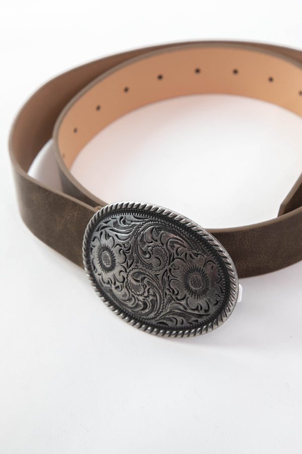 Aly Flower Embossed Buckle Belt, Mocha