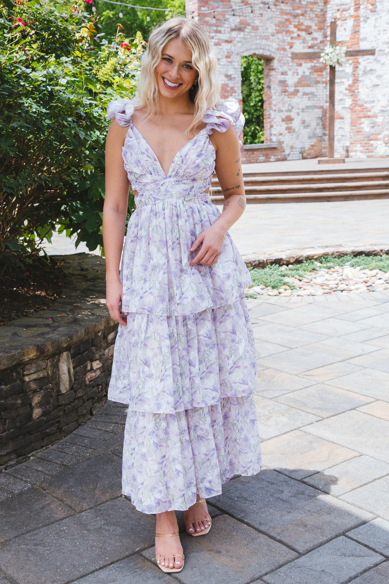 Sydney Ruffle Straps Maxi Dress, Purple Floral