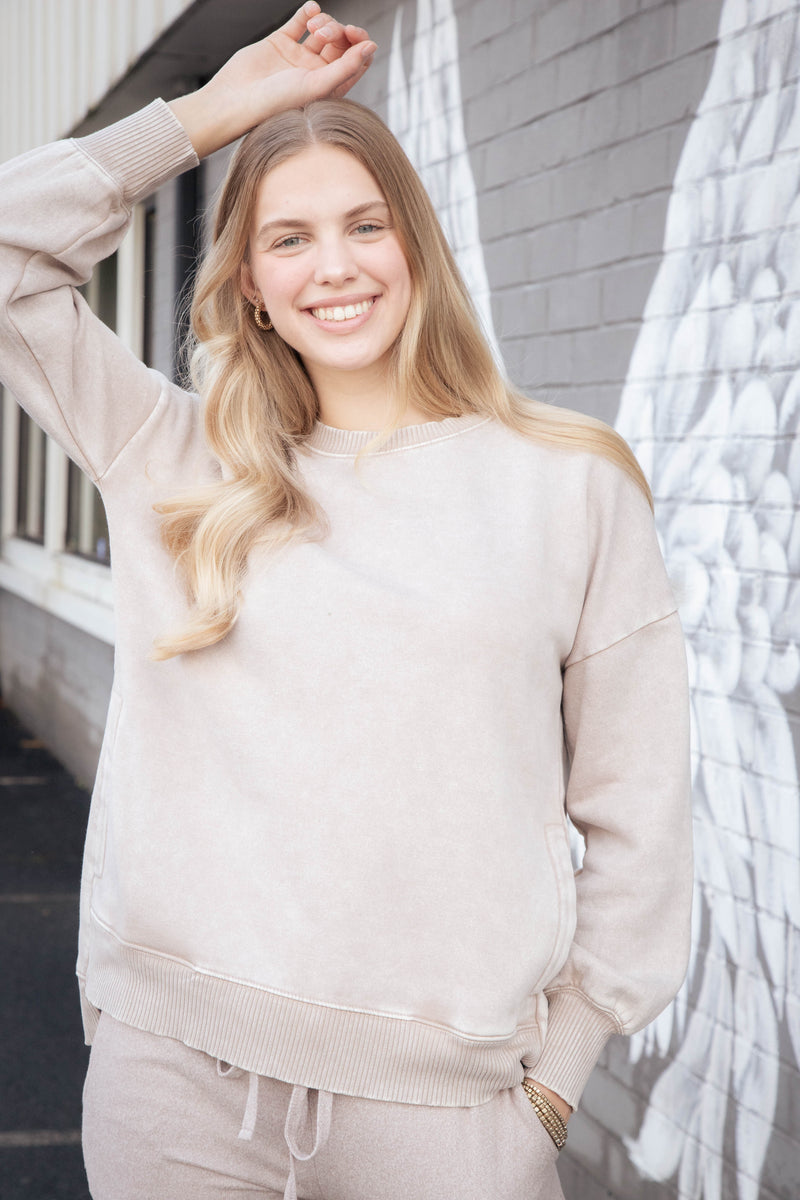 Lia Acid Washed Fleece Pullover, Ash Mocha