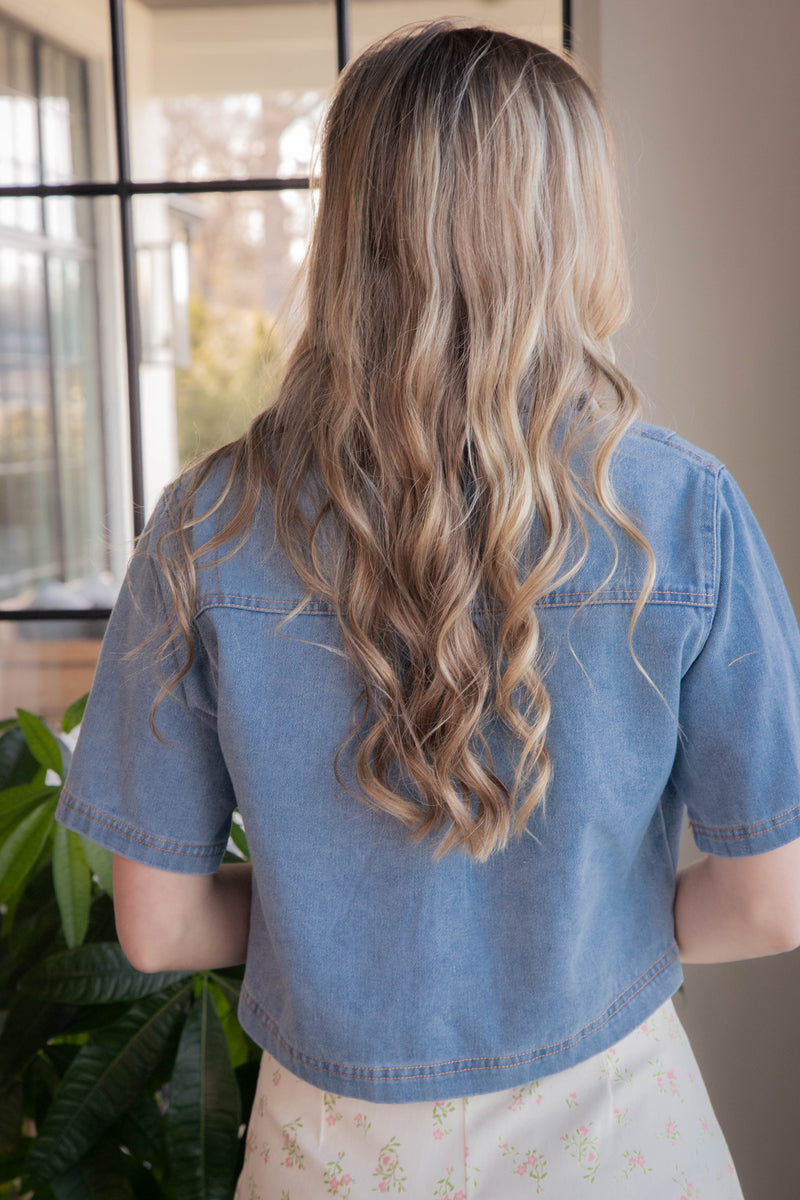 Oriana Cropped Collared Top, Denim