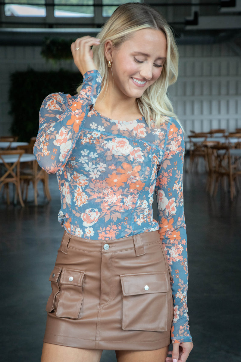 Ashlee Floral Print Mesh Top, Denim