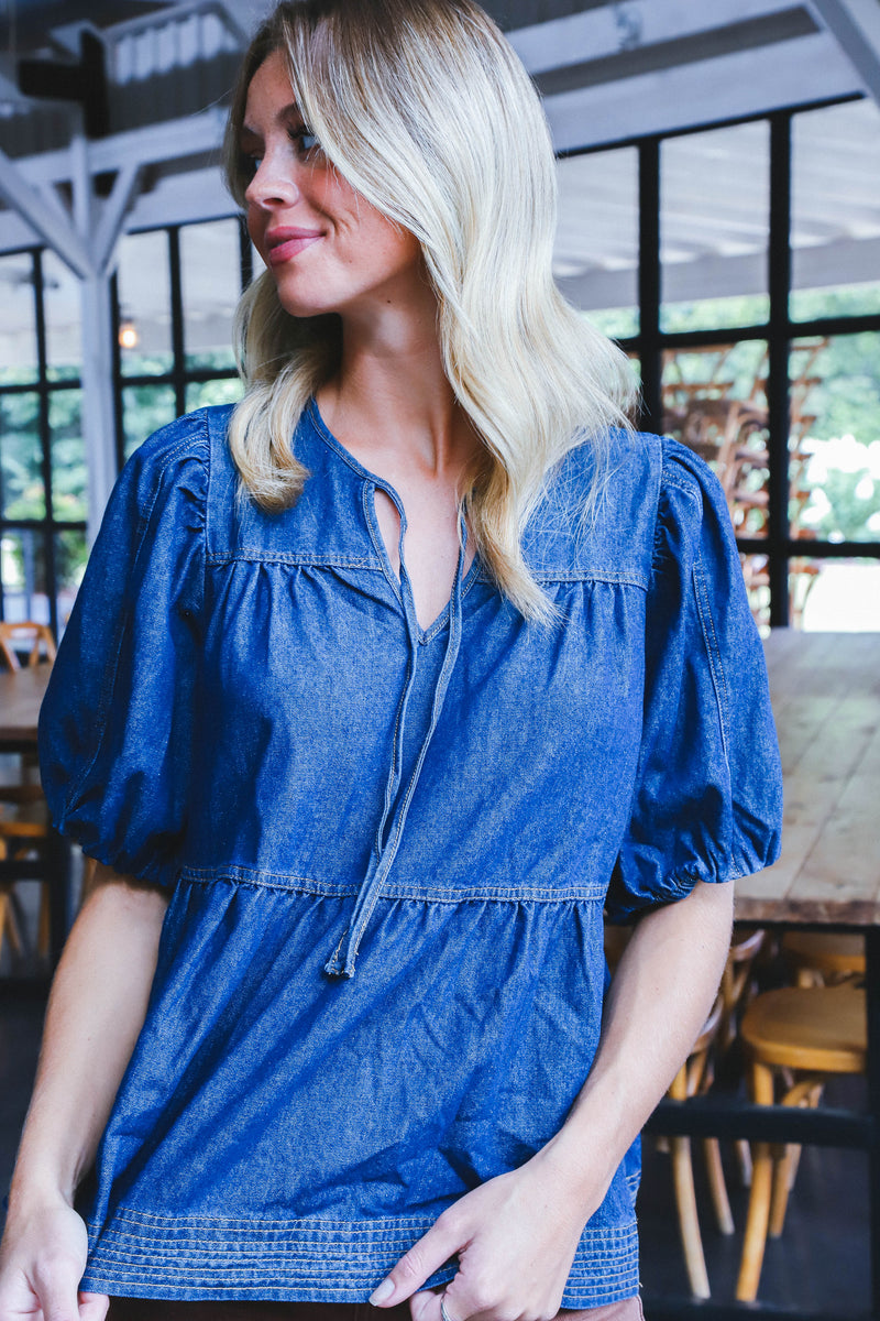 Elyse Denim Tie Neck Top, Dark Denim