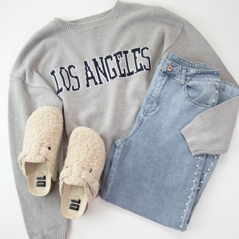 Los Angeles Knit Crew Neck Sweater, Heather Grey