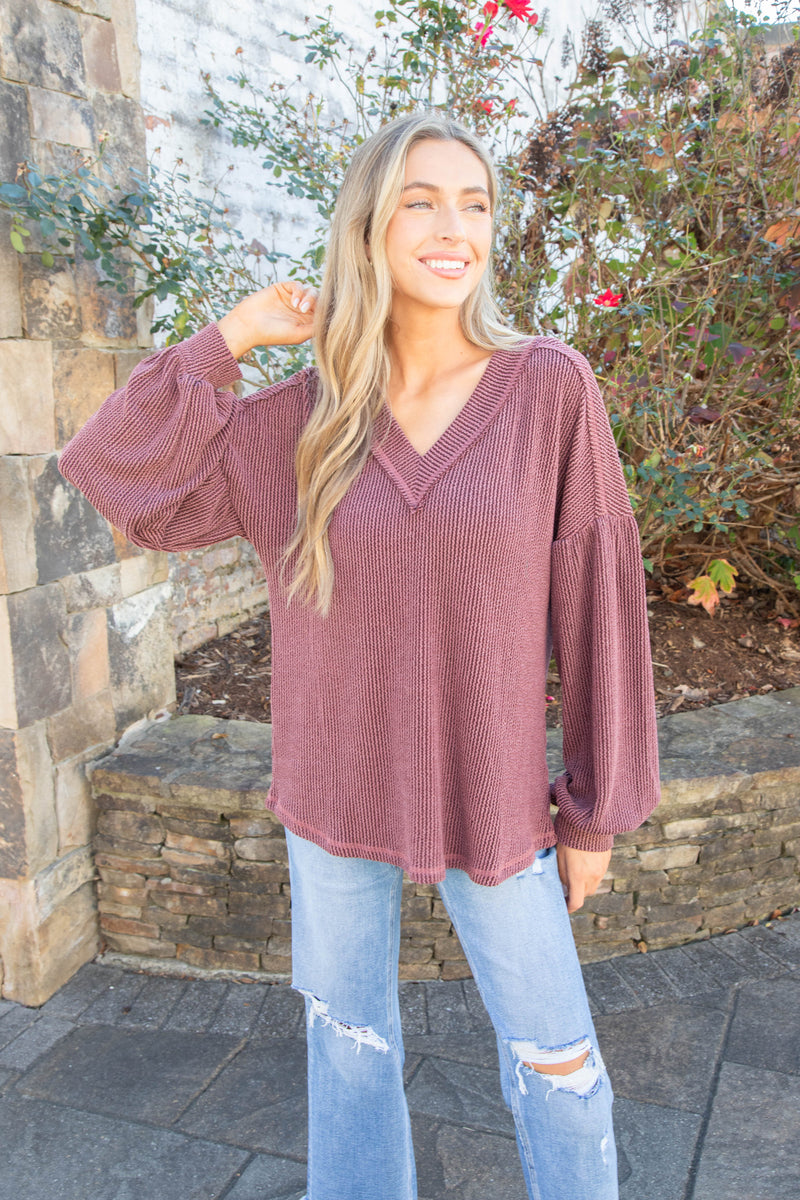 Kayley Two Tone Ribbed Top, Wine