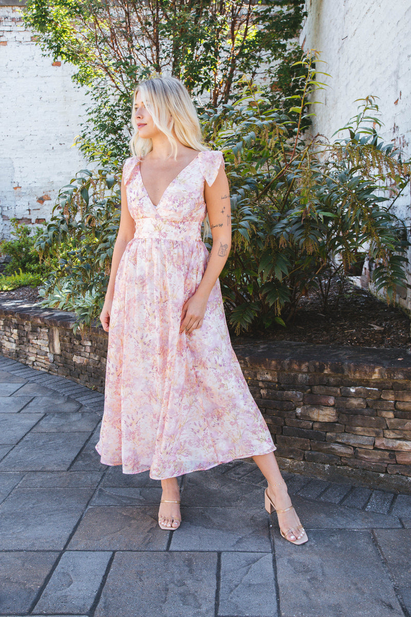 Serena Floral Midi Dress, Blush/Lavender/Apricot