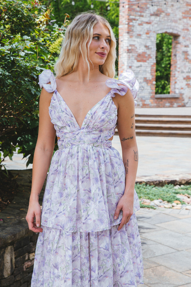 Sydney Ruffle Straps Maxi Dress, Purple Floral