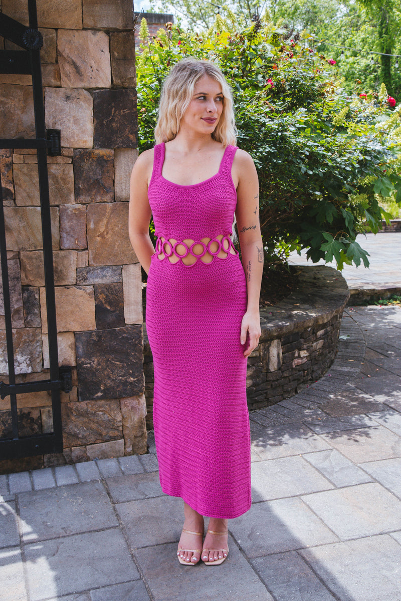 Evie Crochet Midriff Cutout Dress, Magenta