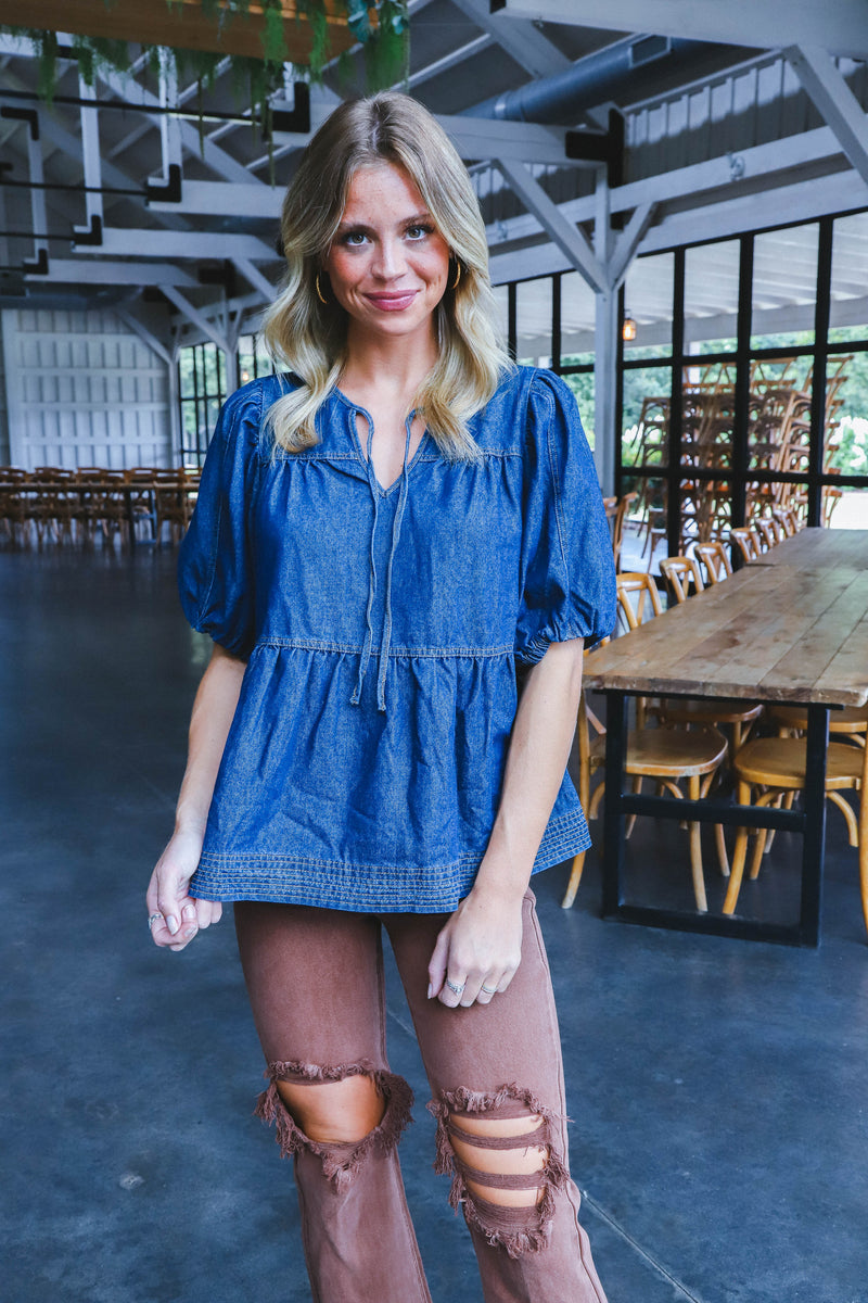 Elyse Denim Tie Neck Top, Dark Denim