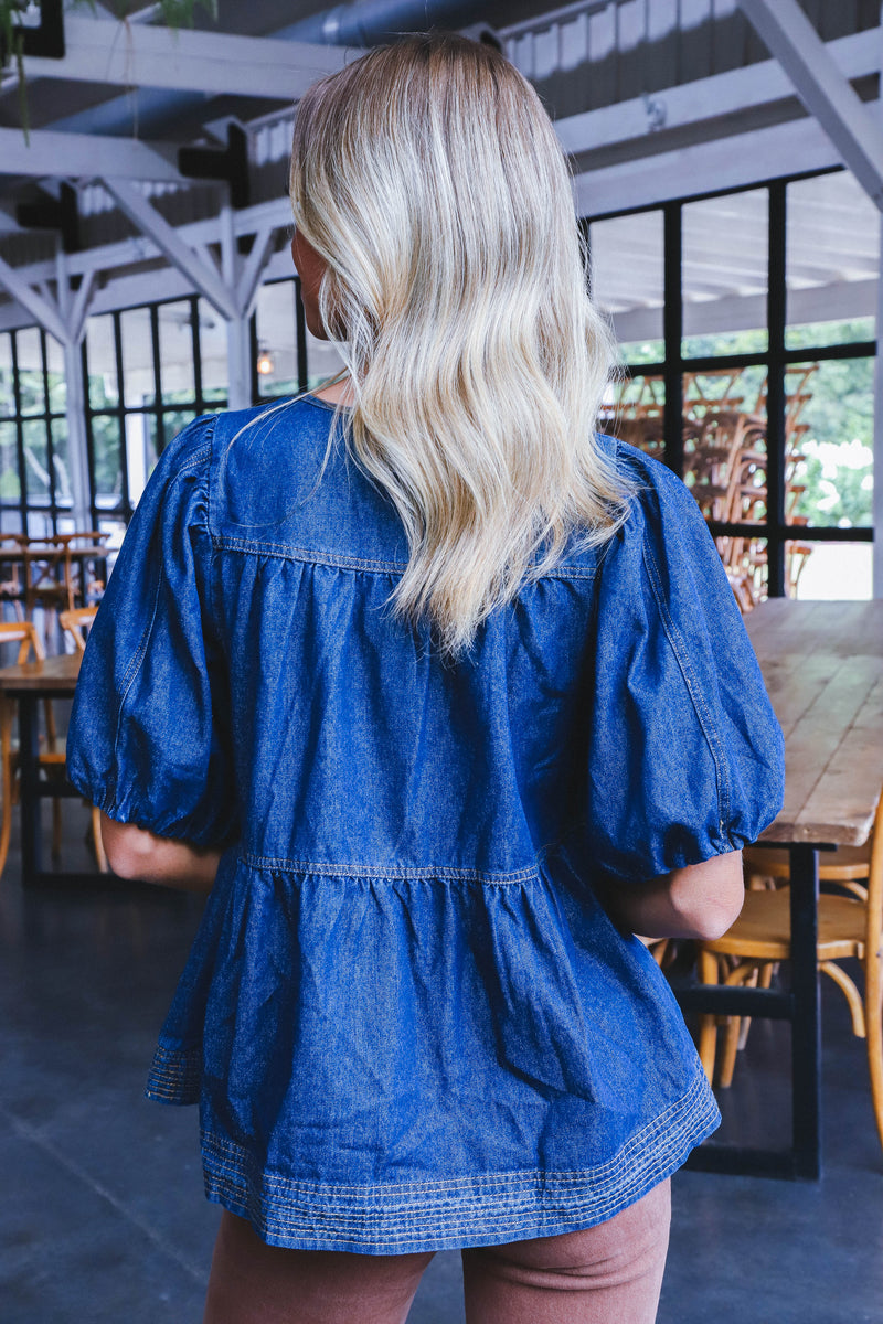 Elyse Denim Tie Neck Top, Dark Denim