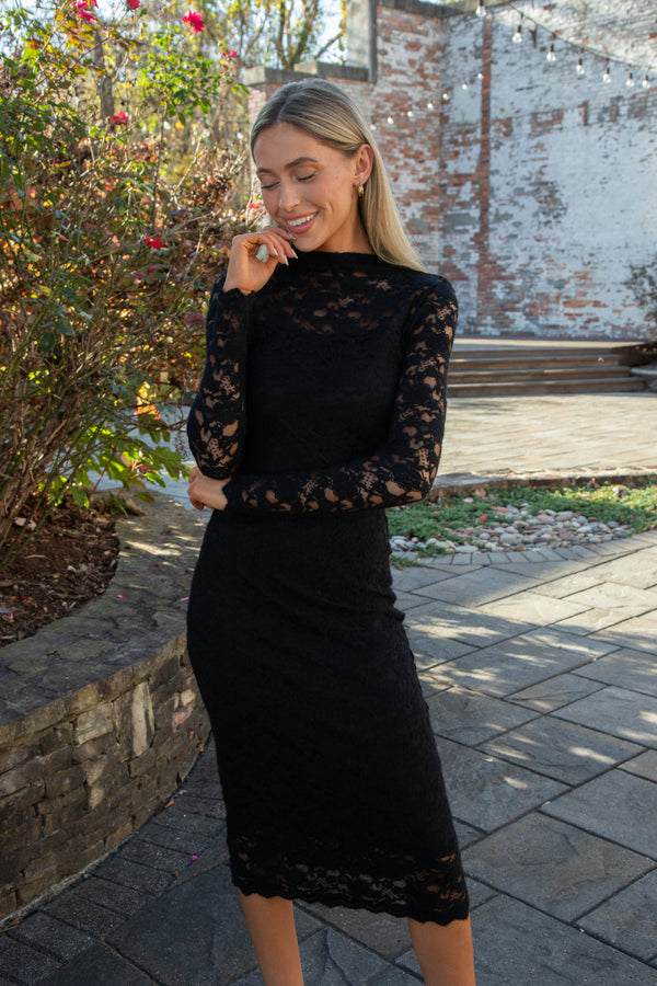 Vivienne Lace Midi Dress, Black | Steve Madden