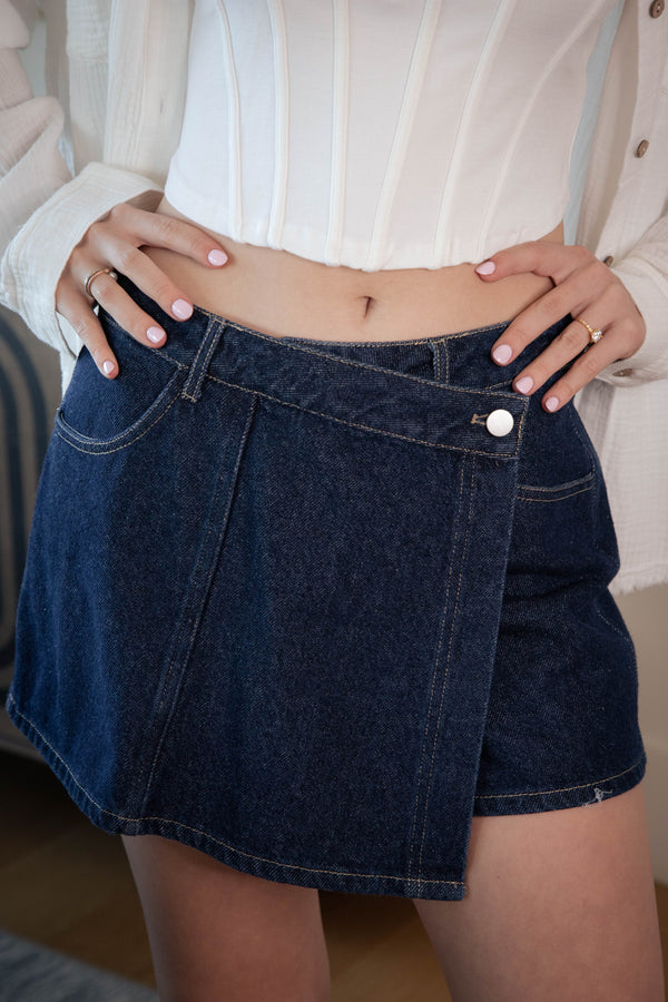 Kenzi Asymmetrical Denim Skort, Dark Denim