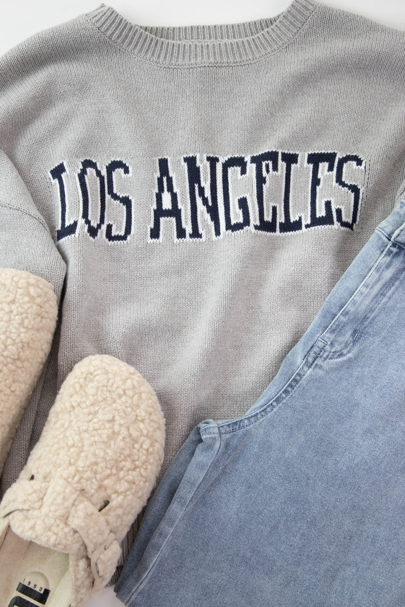 Los Angeles Knit Crew Neck Sweater, Heather Grey