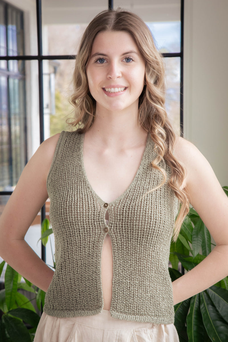 Willow Crocheted Button Front Vest, Olive