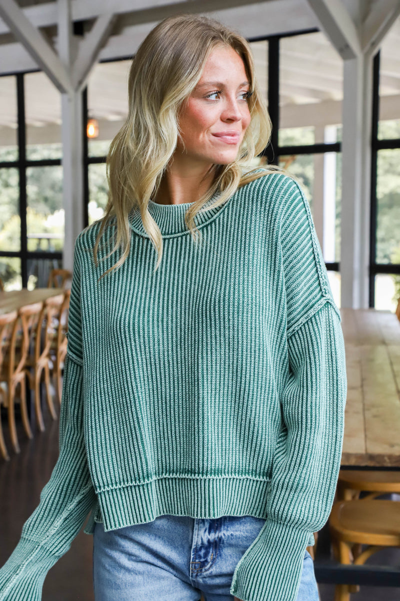 Marie Washed Crop Sweater, Dark Green