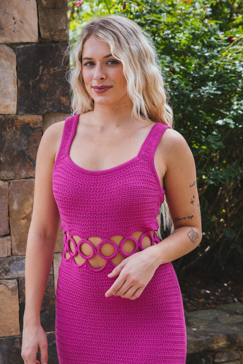 Evie Crochet Midriff Cutout Dress, Magenta