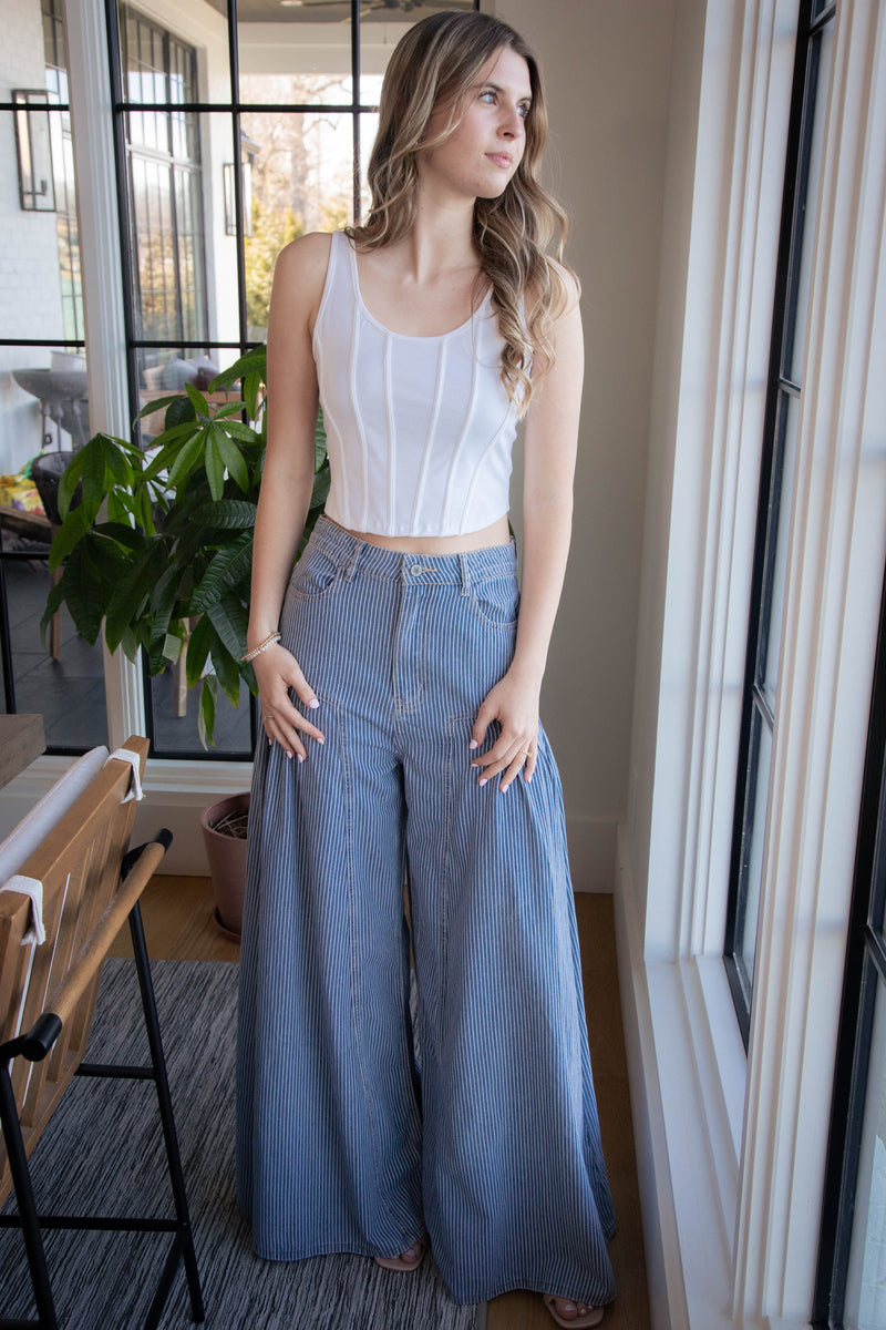 Azari Extra Wide Leg Striped Pants, Light Denim