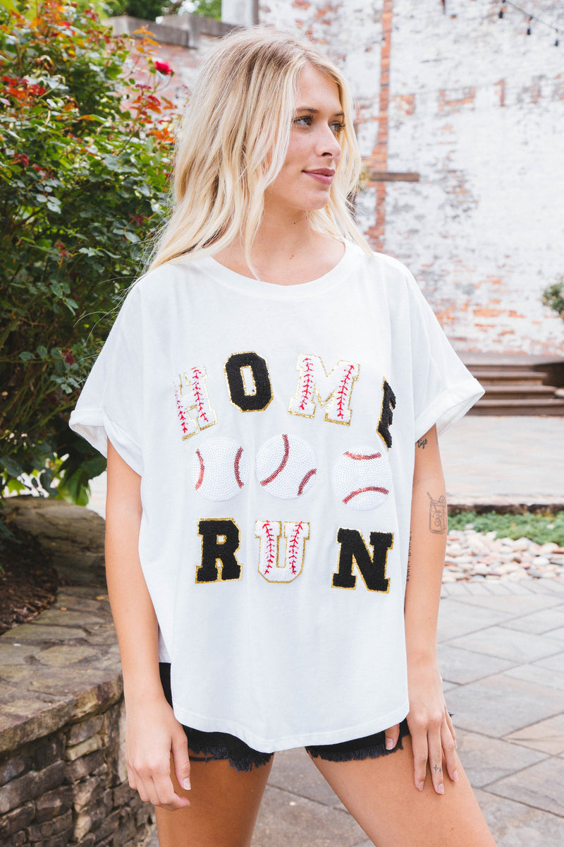 Sequin Homerun Graphic Tee, White/Black