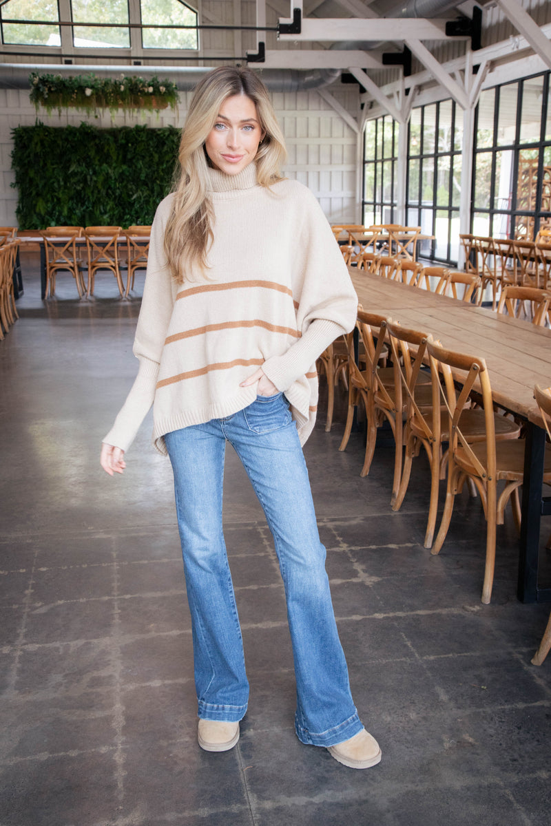 Anabel Striped Turtle Neck Sweater, Light Taupe