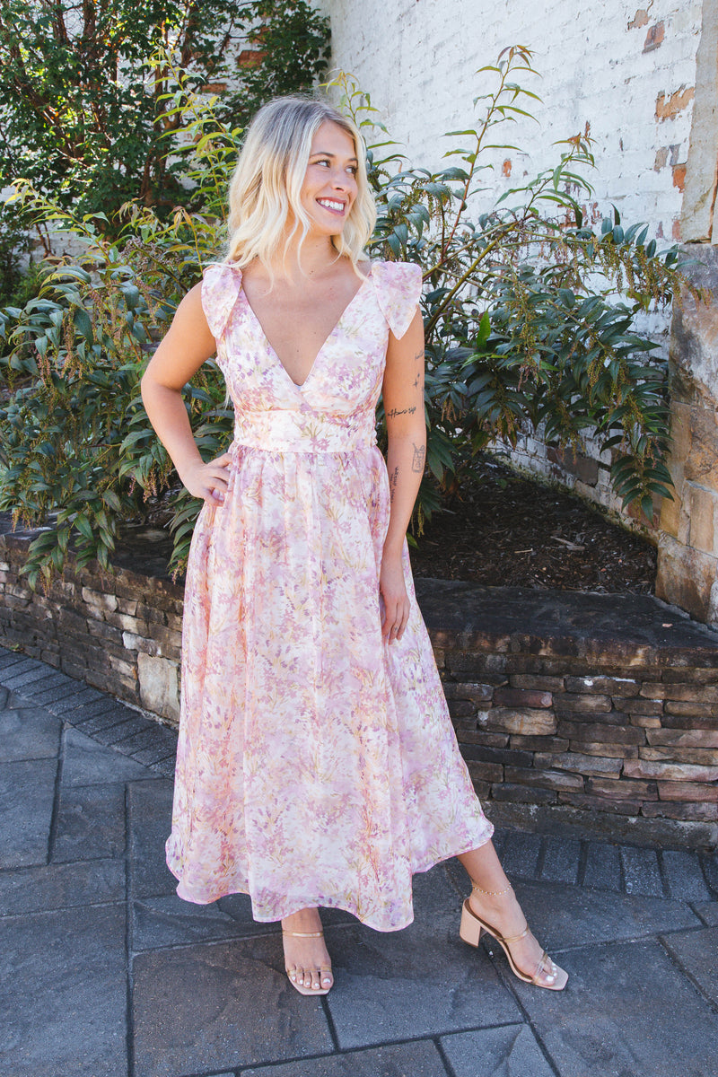 Serena Floral Midi Dress, Blush/Lavender/Apricot