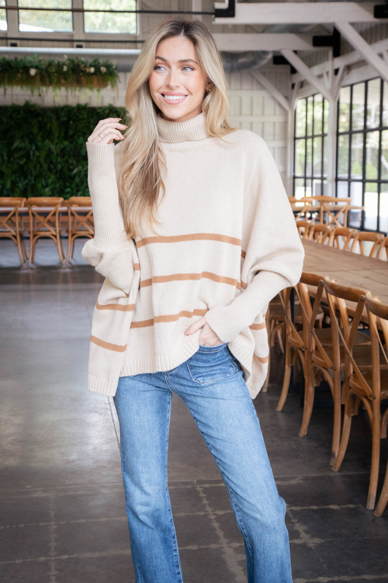 Anabel Striped Turtle Neck Sweater, Light Taupe