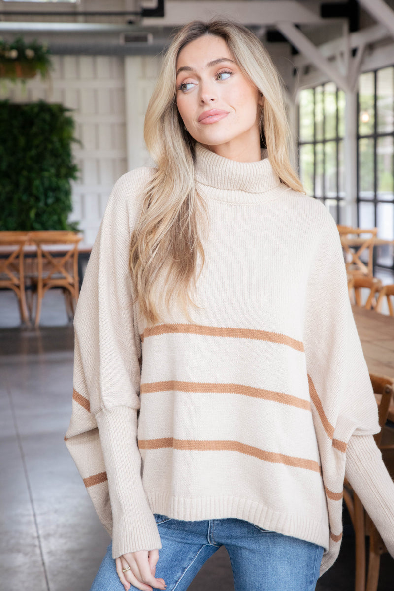 Anabel Striped Turtle Neck Sweater, Light Taupe