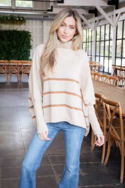 Anabel Striped Turtle Neck Sweater, Light Taupe