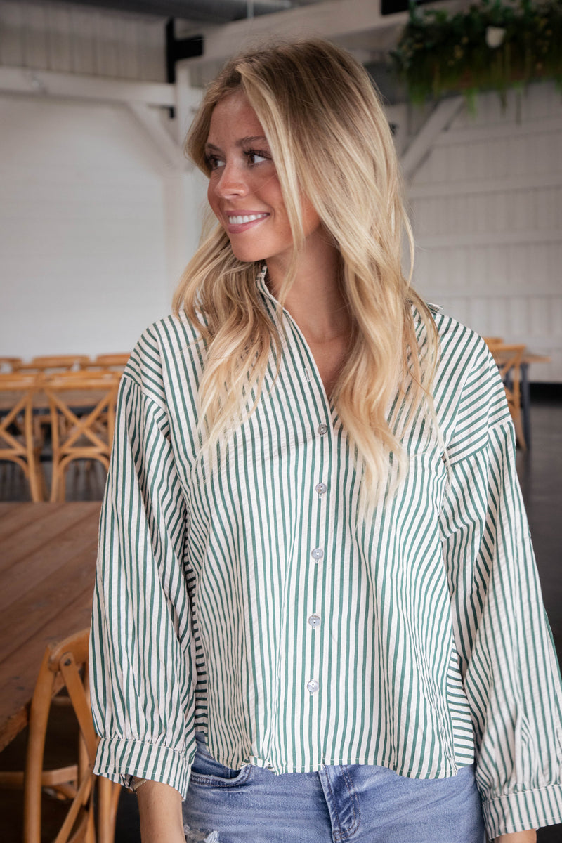 Holland Striped Button Down Shirt, Hunter Green