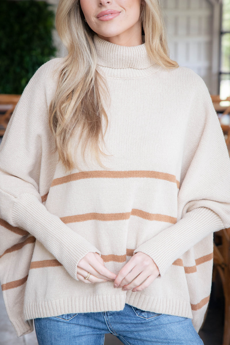 Anabel Striped Turtle Neck Sweater, Light Taupe