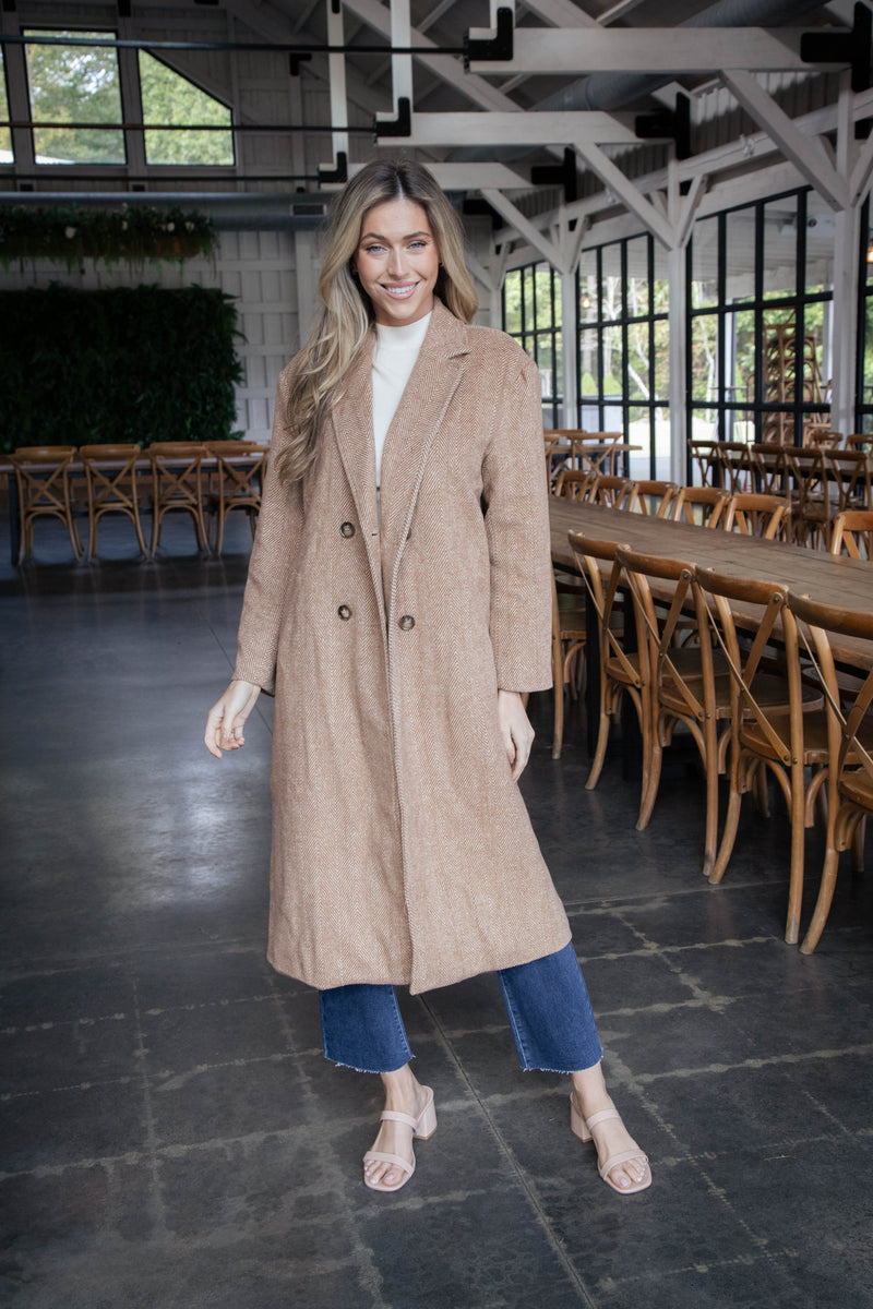 Ciera Herringbone Long Coat, Chestnut