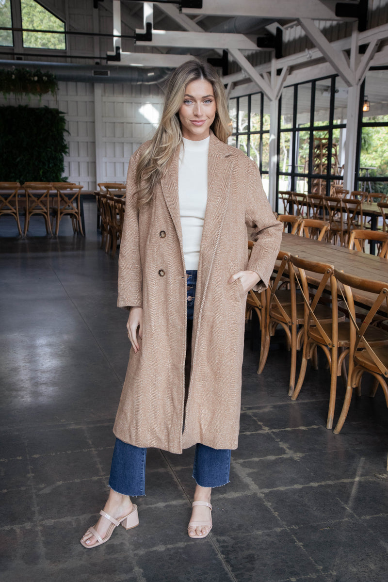 Ciera Herringbone Long Coat, Chestnut