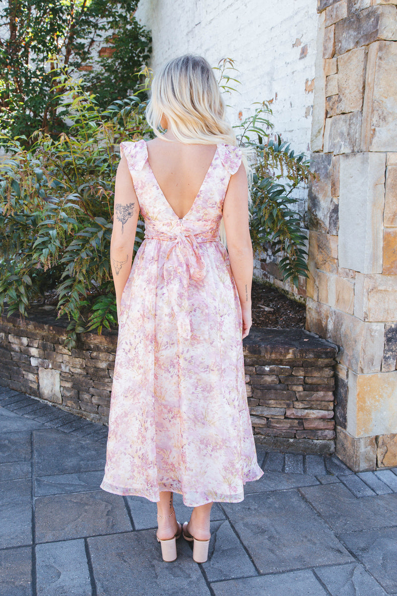 Serena Floral Midi Dress, Blush/Lavender/Apricot