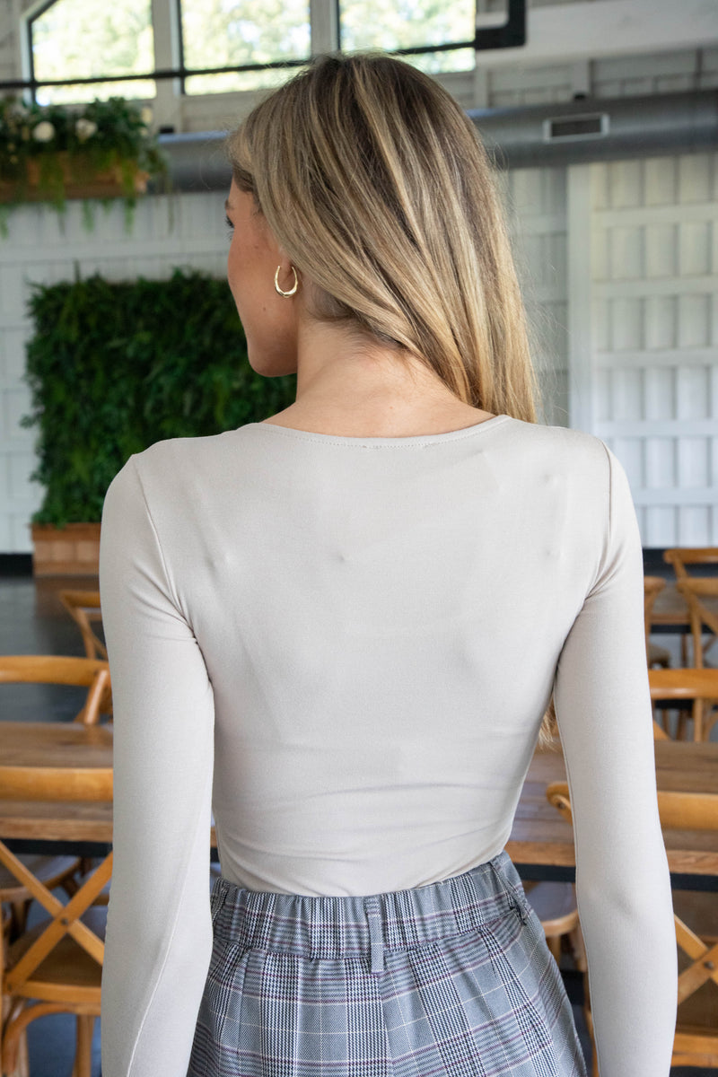 Carolyn Scoop Neck Bodysuit, Light Taupe