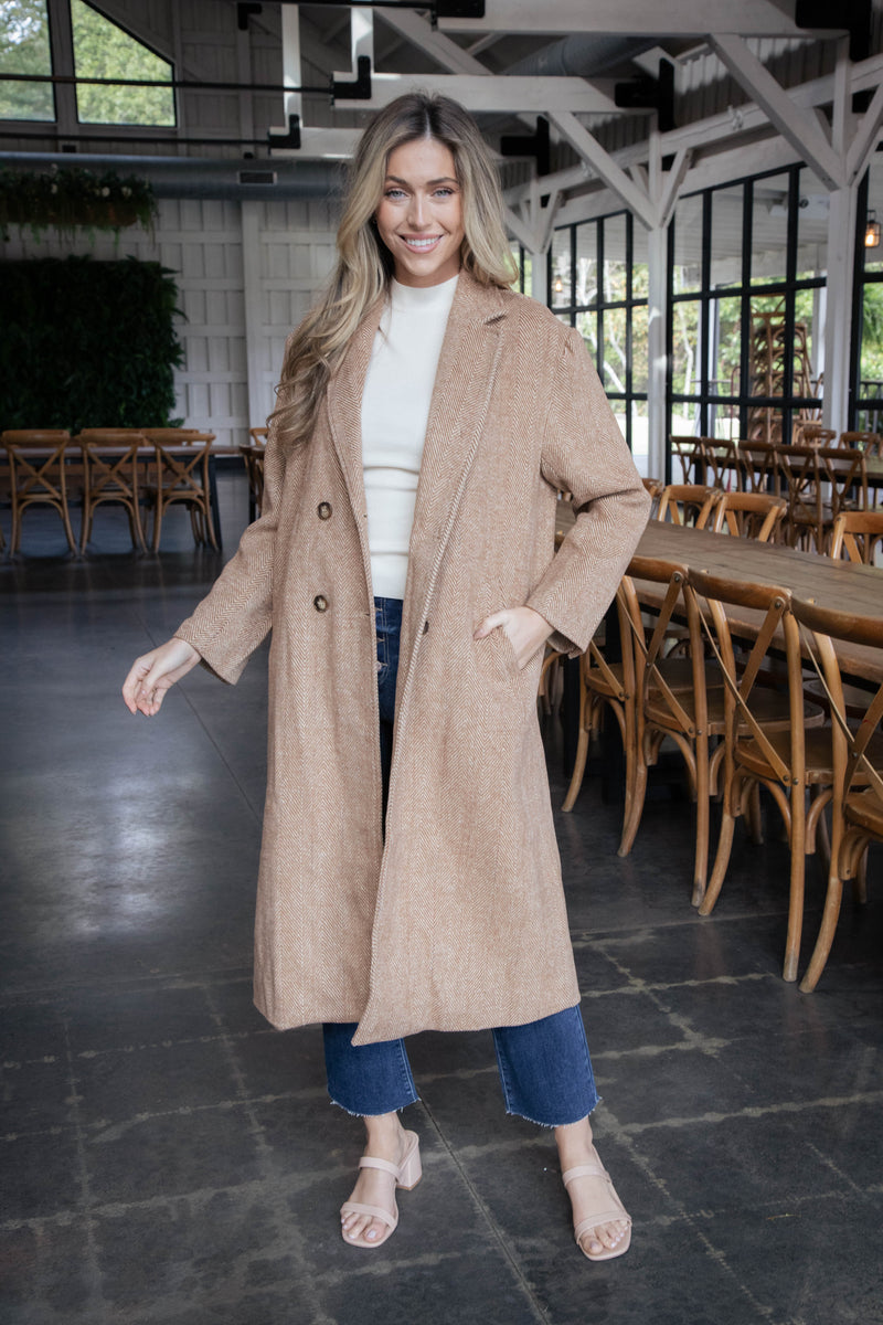 Ciera Herringbone Long Coat, Chestnut