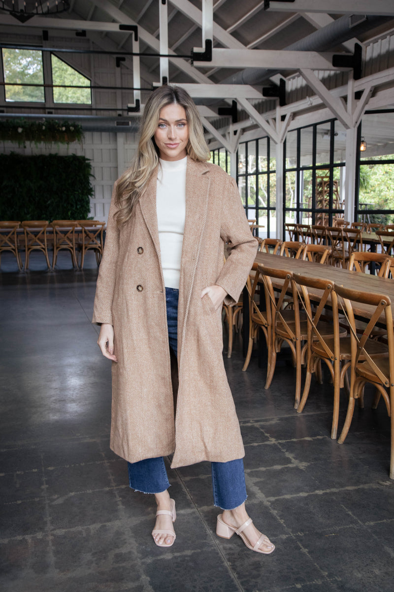 Ciera Herringbone Long Coat, Chestnut