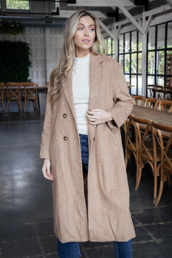 Ciera Herringbone Long Coat, Chestnut